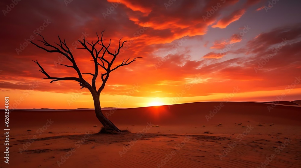 a tree in a sandy area with a sunset in the background