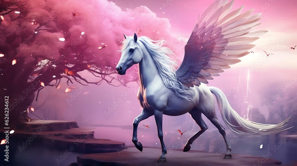 a white horse with wings and a unicorn head