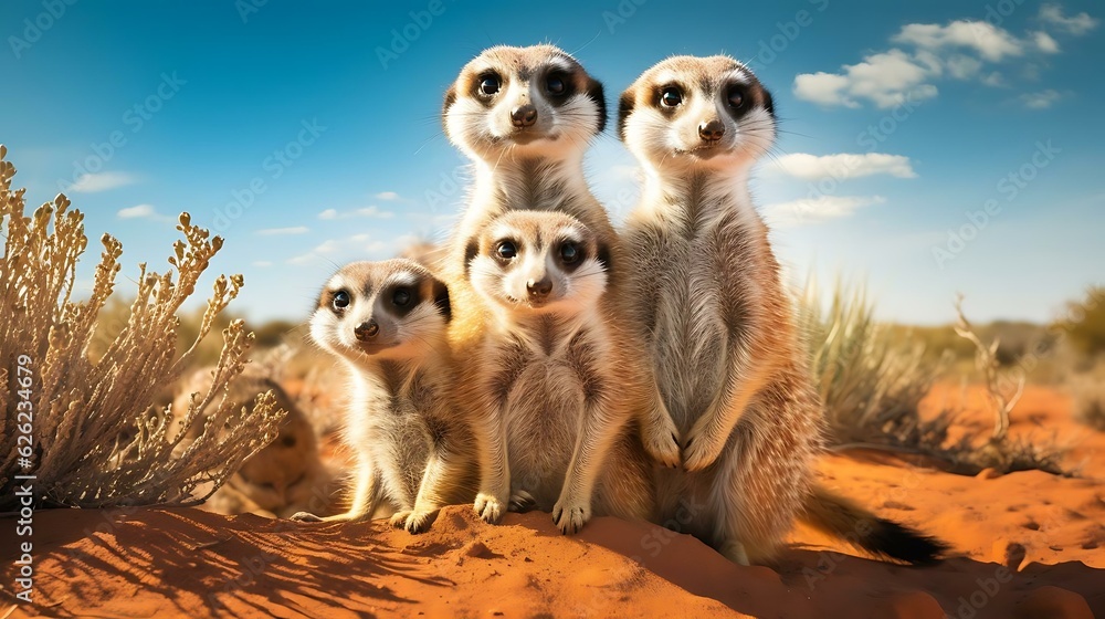 a group of meerkats standing on a sandy hill a group of meerkats standing on a sandy hill