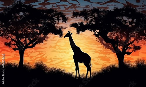 silhouette wild nature giraffe safari wildlife elephant animal africa sunset. Generative AI. © SHOTPRIME STUDIO