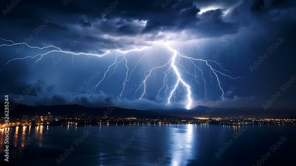 lightning striking a city - obrazy, fototapety, plakaty 