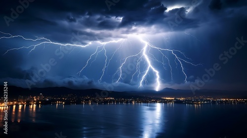Photo lightning striking a city