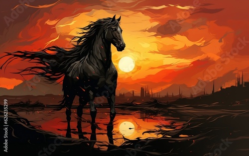 A Magnificent Black Horse Stallion Gracefully Roaming in the Sunset. Generative AI