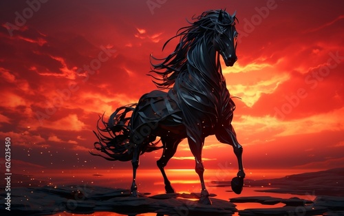 A Magnificent Black Horse Stallion Gracefully Roaming in the Sunset. Generative AI © zainab