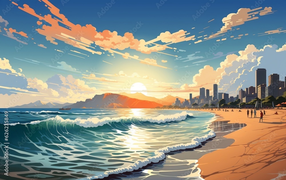 craft a stunning 2D illustration showcasing the beauty of Copacabana Beach. Generative AI