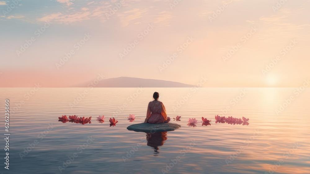 woman meditating by the lake woman meditating by the lake