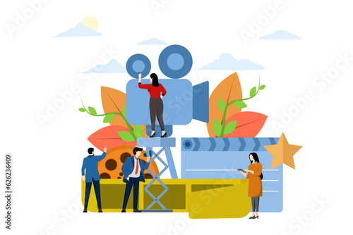 cinematography concept, online cinema, little man and woman shooting video vector, live streaming, recording video for filming, video clipping, vector illustration on a white background.