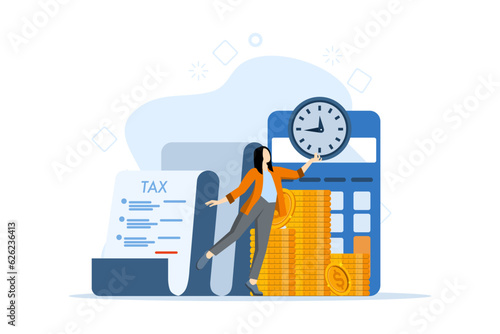 Concept of tax returns, optimization, duties, financial accounting. Successful businesswoman paying taxes on time. tax time. tax obligations. Vector illustration in flat design on white background.