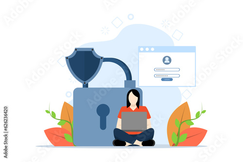 Concept of terms and conditions, privacy policy, user consent, remote transaction, personal data protection, Woman sitting in front of lock with laptop. flat vector illustration on a white background.