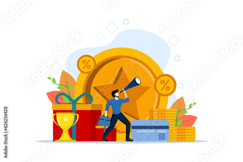 Discount and loyalty card concept, customer service, online shopping, earn points. Man looking for great deals, sales, got bonuses and cashback. Vector illustration in flat design on white background.