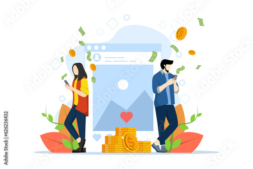 Men and women make money online on social media. Blogger successfully monetizes blog. Concept of blog monetization, earn money on internet, online income. Vector illustration in flat shape.