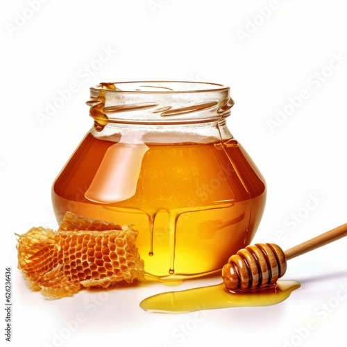 Honey in jar and and wooden stick isolated on white background