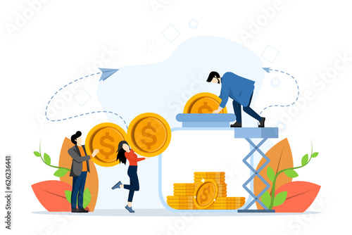concept of saving money, Money Saving. Cash protection, Saving and investing money, people stacking dollar coins in money box, flat vector illustration on a white background.