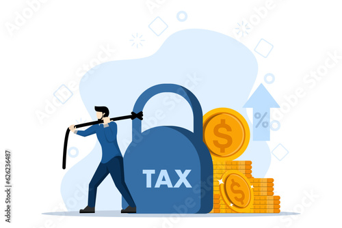 Concept of heavy tax, debt, duty, default. Businessmen struggle to collect heavy taxes. Huge tax burden. Vector illustration in flat design for UI, web banner, mobile app