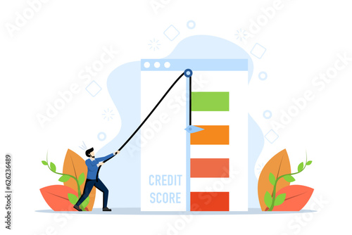 Credit score concept good or bad, rating. Successful man increase credit score rating. Vector illustration in flat design for UI, web banner, mobile app