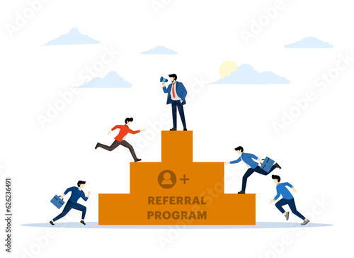 Referral program concept. The idea of referring friends to make a profit. inviting and attracting friends, Referral program strategy and development. Flat vector illustration on a white background.