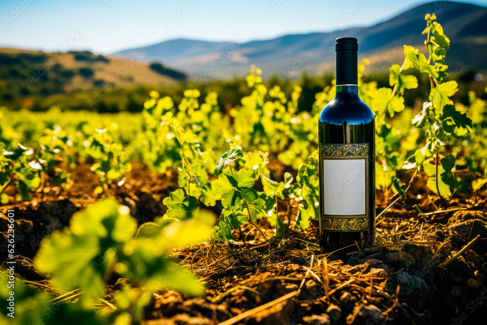 Red wine bottle on the vineyard
