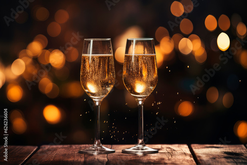 Two champagne glasses with bokeh lights