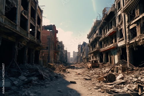 Fototapeta destroyed and bombed city which was left devastated during war, post apocalyptic
