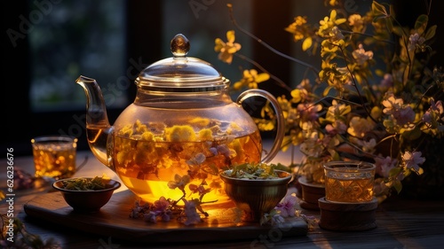 teapot with flower tea.