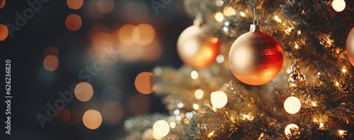 Christmas tree in a closeup view adorned with numerous golden ornaments with lights scattered throughout it. The overall scene is a delightful representation of the holiday season.