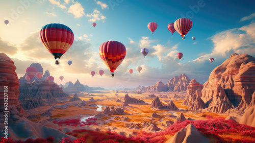 Hot air balloons flying over beautiful landscape. created with generative AI technology.