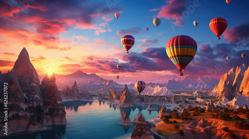 Hot air balloons flying over beautiful landscape and river. created with generative AI technology. © hakule