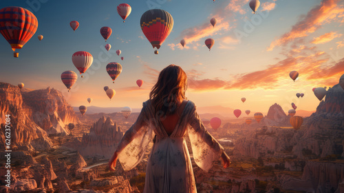 Woman in dress on the top of the mountain, hot air balloons in the sky. created with generative AI technology.