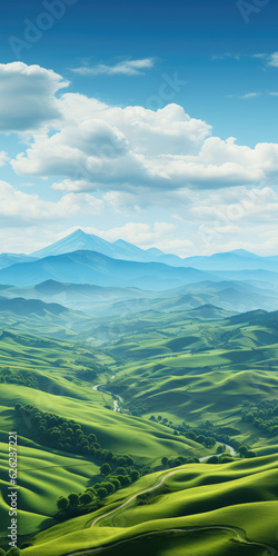 Landscape with green hills and blue sky. 3d illustration. created with generative AI technology. © hakule