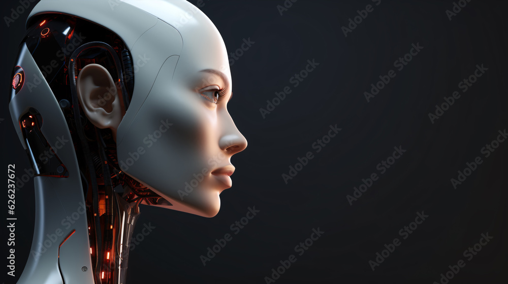 Female face robot android. Neuro interface. Link to the world of Artifical intelligence. Generative AI visual concept. Female face robot android. Neuro interface. Link to the world of Artifical intelligence. Generative AI visual concept.