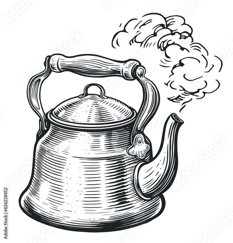 Boiling retro kettle style old engraving. Sketch vintage vector illustration
