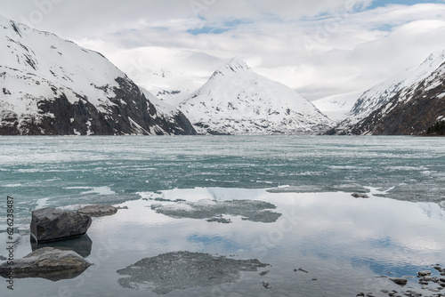 Ice sheets covering Portage Lake, from the Begich Boggs Visitor Center with Bard Peak in the distance
