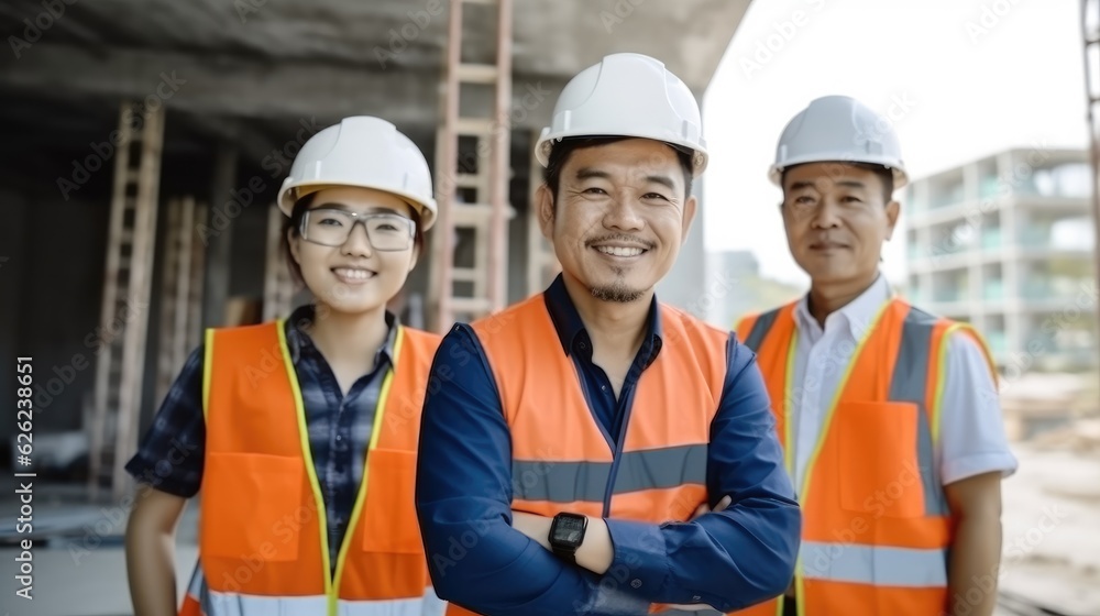 Group of Asian Engineer and architect standing at construction property site. Group of Asian Engineer and architect standing at construction property site.