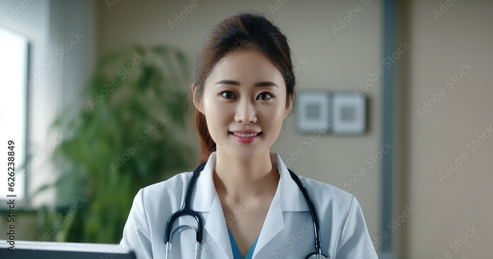 Young asian doctor woman with stethoscope sitting at desk in health clinic or hospital. Young asian doctor woman with stethoscope sitting at desk in health clinic or hospital.