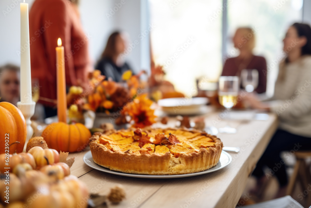 Thanksgiving family dinner. Pumpkin pie and vegan meal close up, with blurred happy people around the table celebrating the holiday.