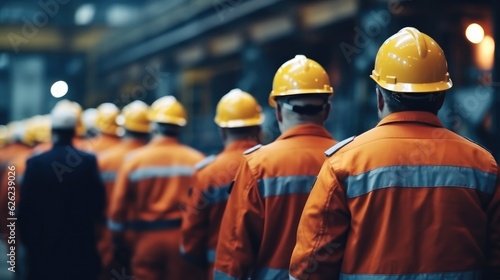 Rear view of workers at a heavy industry manufacturing factory, Group of workers.