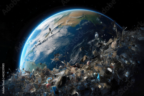 Fototapeta Naklejka Na Ścianę i Meble -  Looking at the polluted planet earth from outer space (Generative AI)