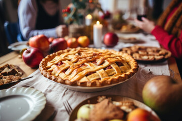 Thanksgiving family dinner. Traditional apple pie and vegan meal close up, with blurred happy people around the table celebrating the holiday.