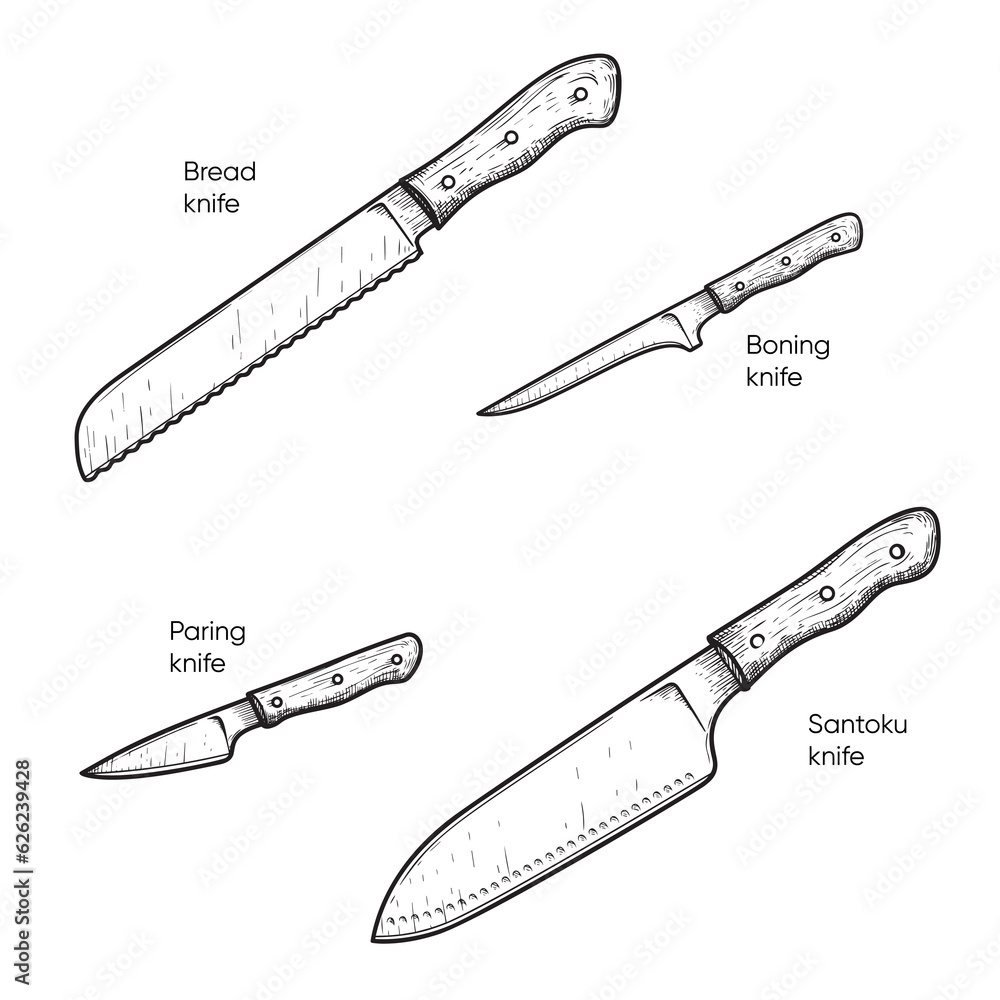 Hand drawn sketch style knives set. Bread, Paring, Boning and Santoku