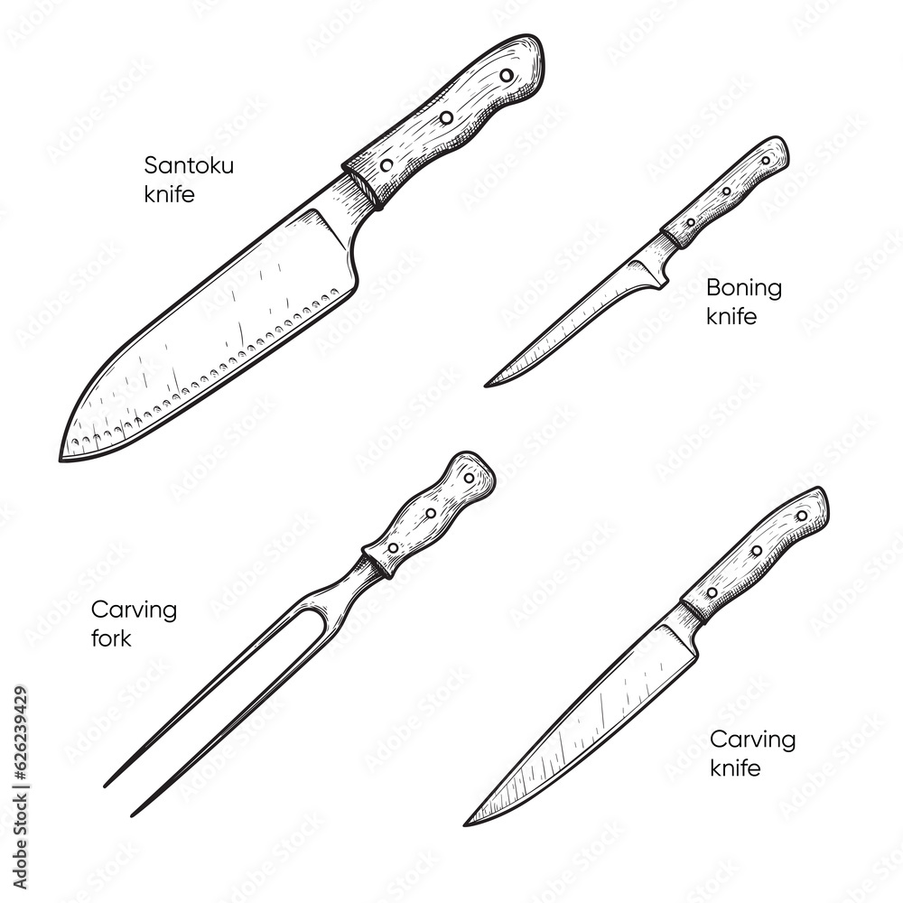 Hand drawn sketch style knives set. Santoku, boning, carving knives and