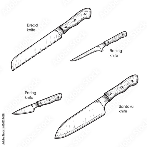 Hand drawn sketch style knives set. Bread, Paring, Boning and Santoku knives. Best for restaurant menu,  kitchen and food designs. Vector illustrations.