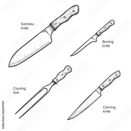 Hand drawn sketch style knives set. Santoku, boning, carving knives and carving fork. Best for restaurant menu,  kitchen and food designs. Vector illustrations.