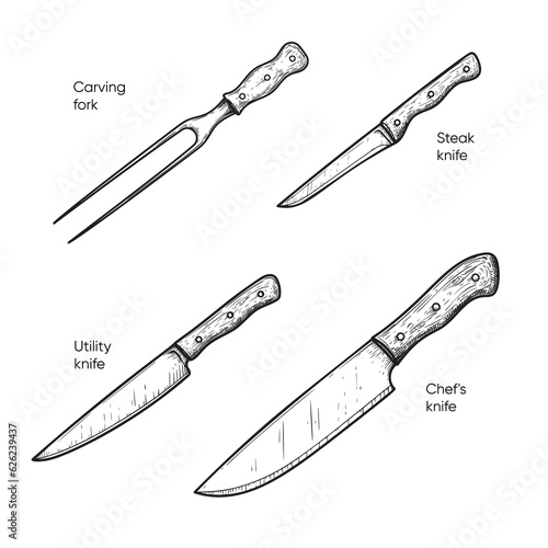 Hand drawn sketch style knives set. Carving fork, Steak, Utility and Chef's knives. Best for restaurant menu,  kitchen and food designs. Vector illustrations.