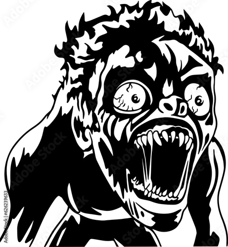 Screaming horror creature with wide open mouth, sharp teeth and bulging eyes, black and white vector illustration in brutal ink style.