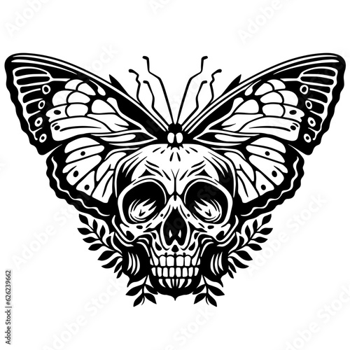 Skull butterfly vector.A stunning black and white line art illustration of a skull with a butterfly body, intricately Hand drawn to capture its beauty and mystery