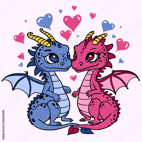 Two cute dragons, couple of mythical creatures in love.Cute cartoon couple of dragons. Vector illustration on a white background with hearts.For Print, Vinyl Cutting, Scrapbooking, Sticker, T shirt