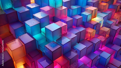 Kaleidoscopic Heights - Colorful Light-Up Boxes Stacked on Purple Background in the Vibrant Style of Colorful Cubism  generative AI