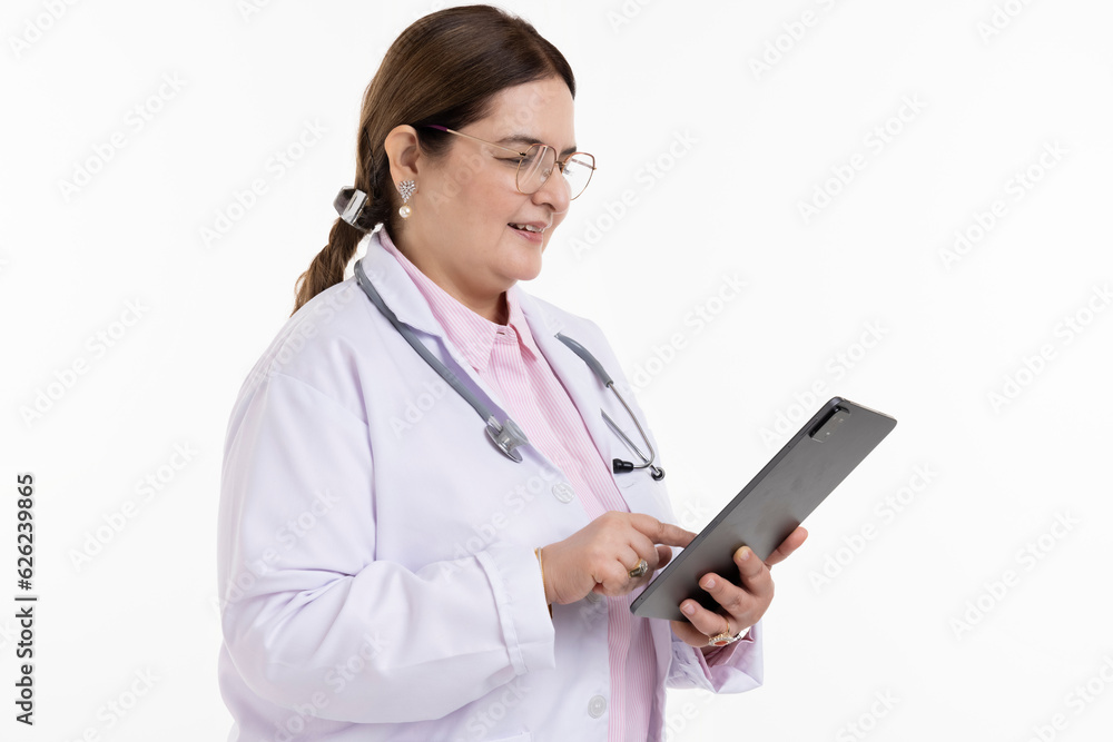 Female doctor in lab coat holding digital tablet. Female doctor in lab coat holding digital tablet.