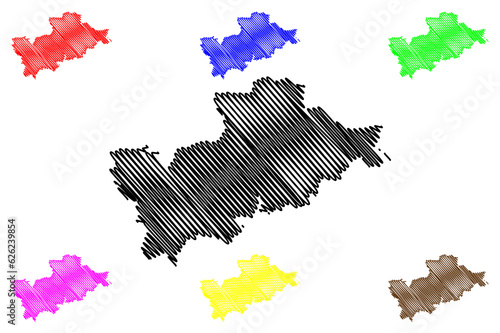 Mid Devon Non-metropolitan district (United Kingdom of Great Britain and Northern Ireland, ceremonial county Devon or Devonshire, England) map vector illustration, scribble sketch Tiverton map