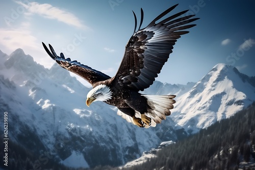 A majestic bald eagle in flight  its wings outstretched against a backdrop of snow-capped mountains  a symbol of freedom and strength.